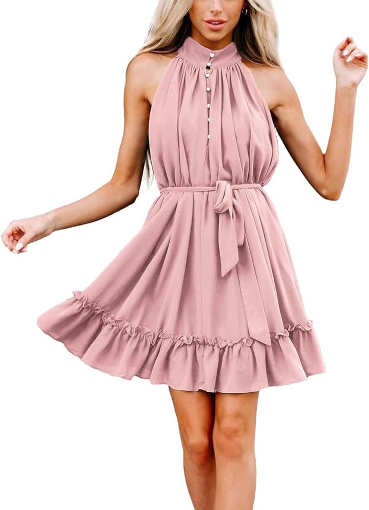KIRUNDO Women's Summer Casual Sleeveless Halter Neck Short Dress Sundress Button Down Flowy Belt ... | Amazon (US)