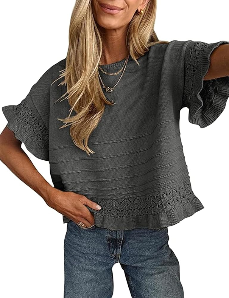 Yeokou Womens Short Sleeve Sweater Round Neck Ruffled Hem Knit Crochet Pullover Summer Fall Casua... | Amazon (US)