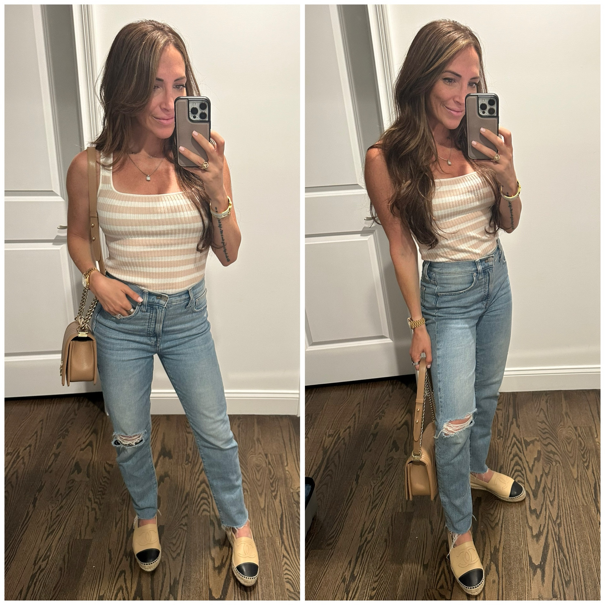 Wearing a white and beige striped knit tank, madewell distressed denim, chanel espadrilles, chanel medium boy bag 

#LTKSeasonal #LTKShoeCrush #LTKStyleTip