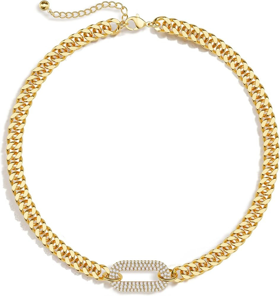 Moodear Gold Necklace for Women Trendy - Chunky Herringbone Paperclip Cuban Link Chain Choker Hyp... | Amazon (US)