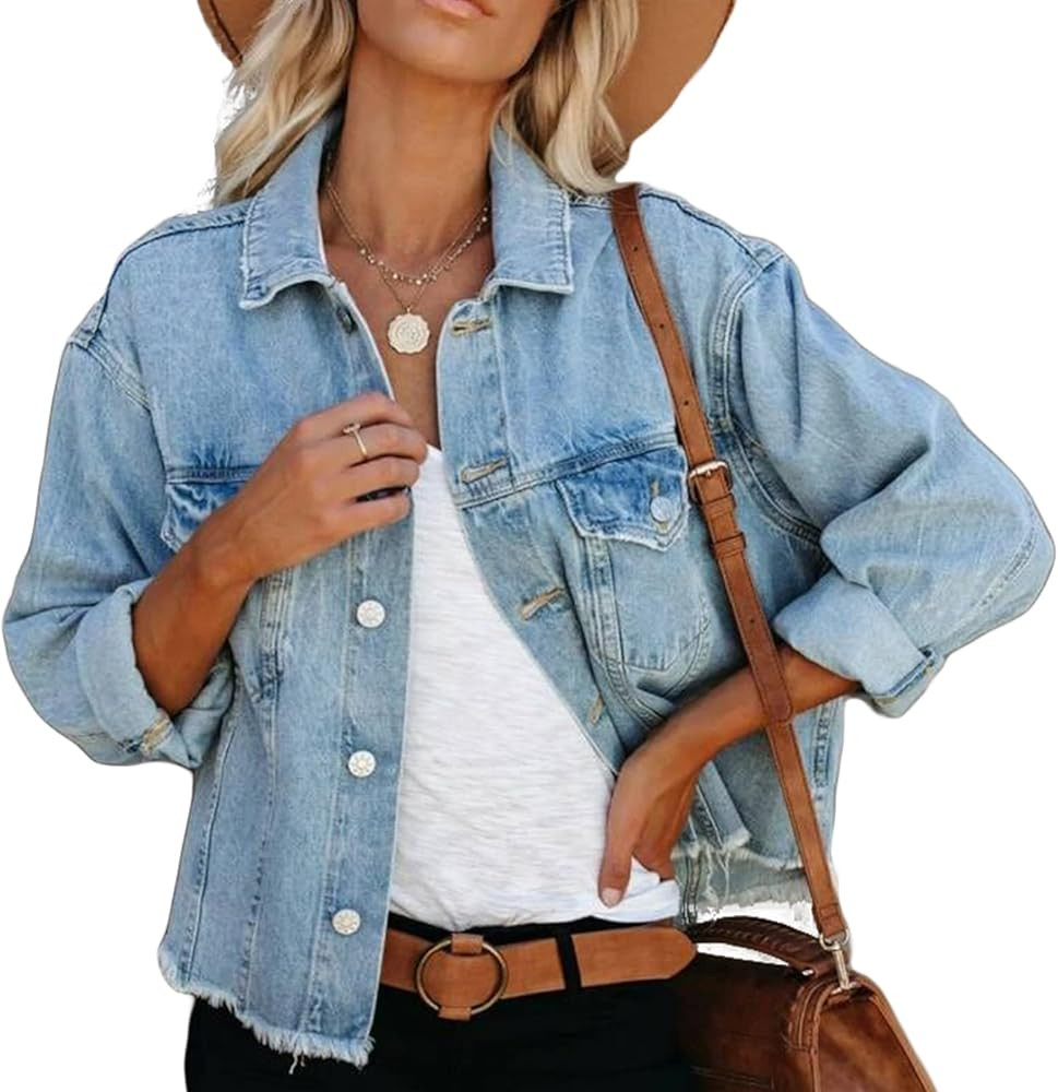 Women's Denim Jacket Casual Ripped Button Up Cropped Distressed Jean Jacket Vintage Blue Trucker ... | Amazon (US)