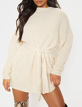 ZESICA Women's Long Sleeve Solid Color Waffle Knitted Tie Wasit Tunic Pullover Sweater Dress | Amazon (US)