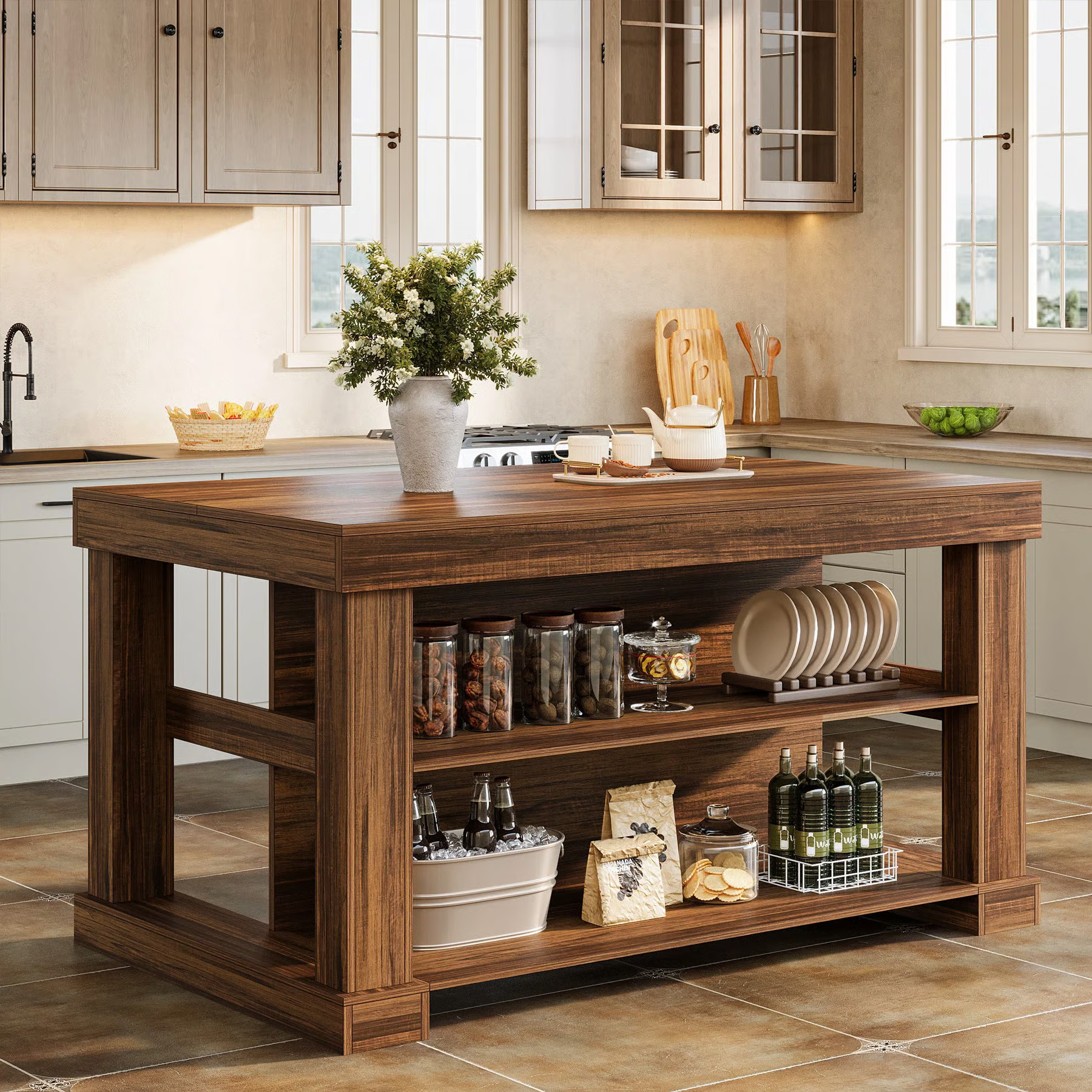 Millwood Pines Kitchen Island With Storage Shelves, 55 Inch Kitchen Shelf With Large Worktop, Sta... | Wayfair North America