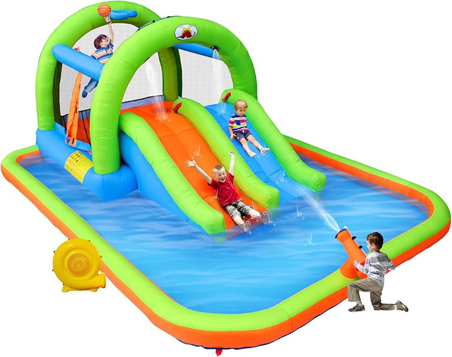 Inflatable Water Park with Blower, and Bouncy House with Double Slide with Water Cannon and Baske... | Amazon (US)
