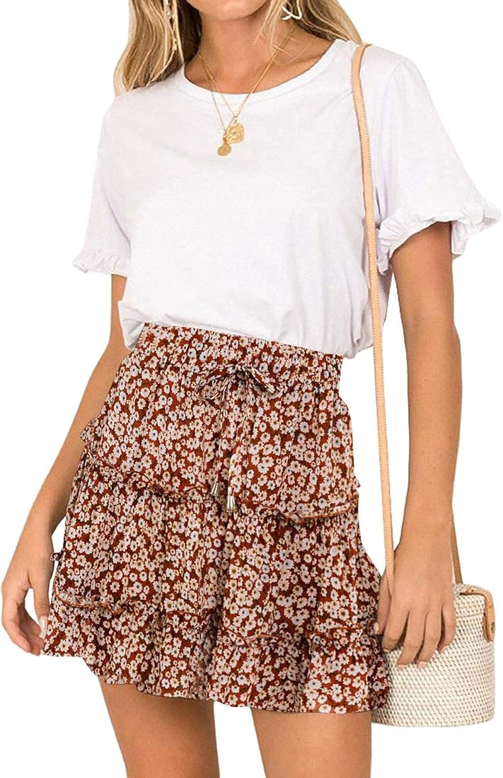 Arjungo Women's Floral Print High Waist with Drawstring Ruffle Flared Boho A Line Skater Mini Ski... | Amazon (US)