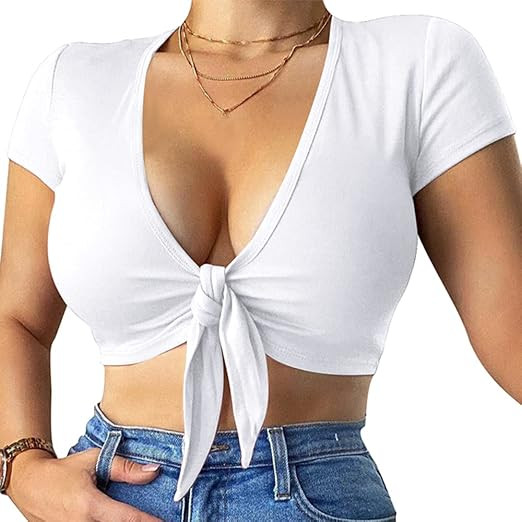 LCNBA Deep V Neck Short Sleeve Crop Top,Bandage Cross Wrap Tie Up Crop Tops | Amazon (US)