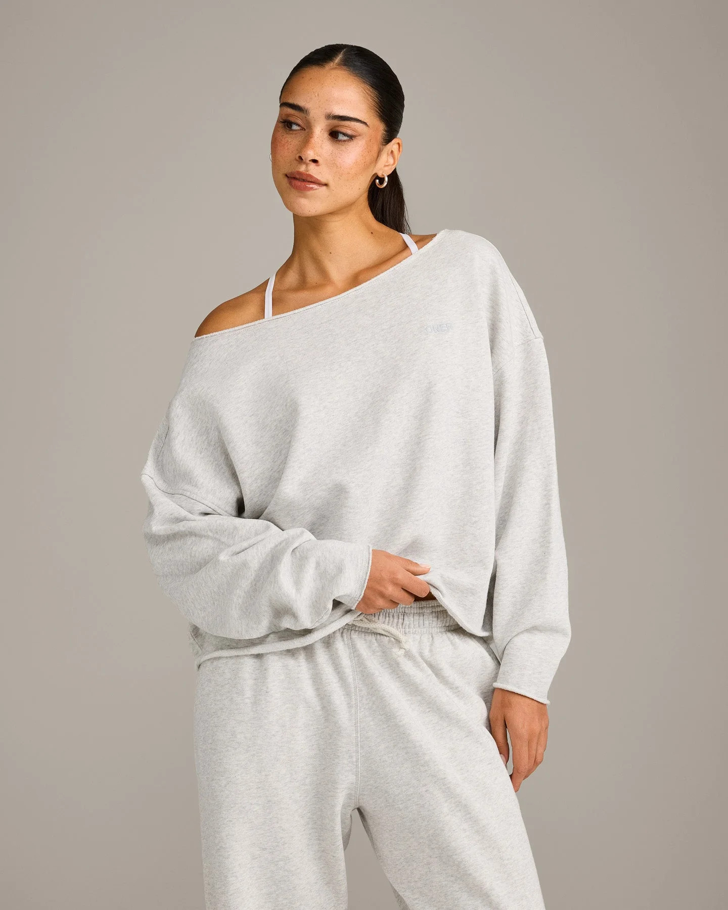 Raw Cut Lounge Off-The-Shoulder Sweatshirt | Light Gray Marl | Oner Active (UK / US)