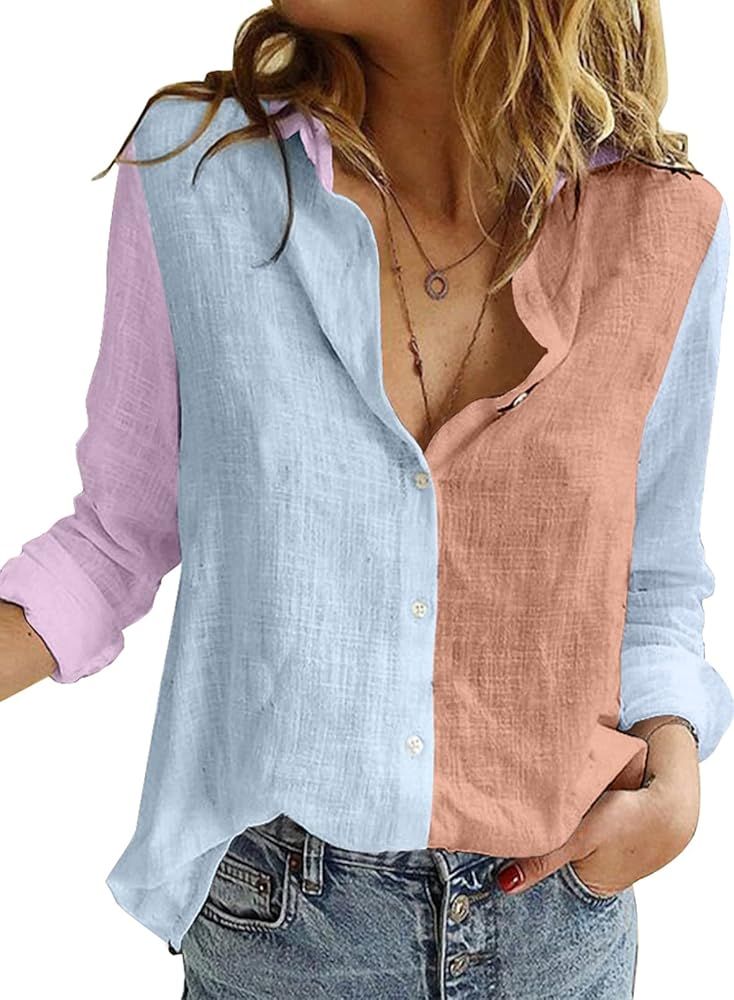 Astylish Womens V Neck Roll up Sleeve Button Down Blouses Tops | Amazon (US)