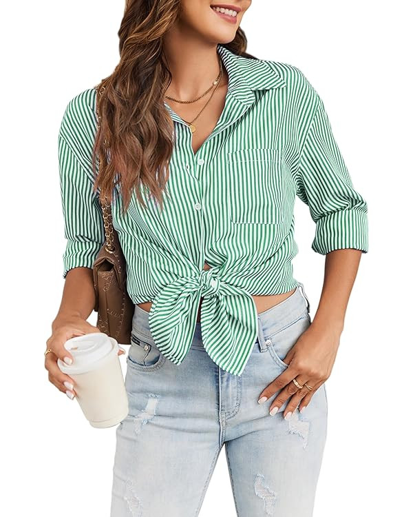 Womens Button Down Shirt Striped Lightweight Business Casual Tops Long Sleeve Work Blouses Tops w... | Amazon (US)