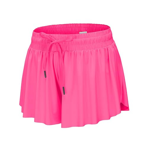 Flowy Shorts for Teen Girls Athletic Running Biker Shorts Youth Butterfly Shorts（NeonHotPink-L） | Amazon (US)