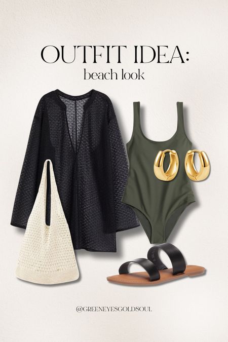 Outfit idea for the beach! 💛 
Coverup, crotchet, swimsuit, one piece, sandals, beach bag, gold earrings, vacation, travel, beach, resort 

#LTKtravel #LTKswim #LTKU