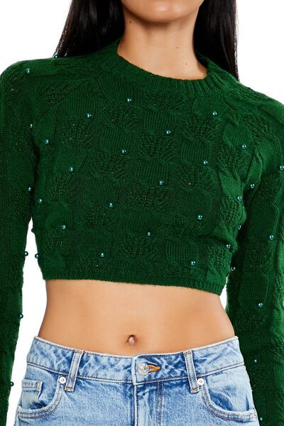 Beaded Cropped Cable Knit Sweater | Forever 21