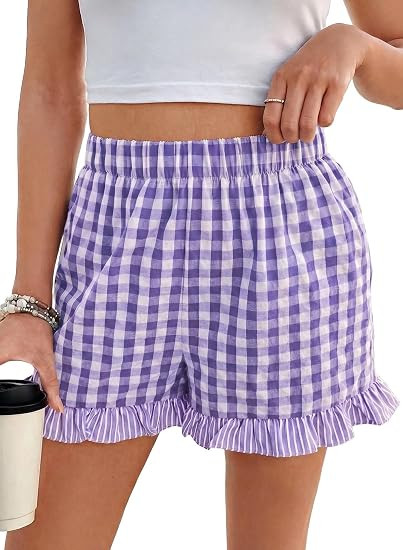 EVALESS Gingham Shorts Womens Ruffle Boxer Shorts Cute Sleep Pajama Bottoms | Amazon (US)