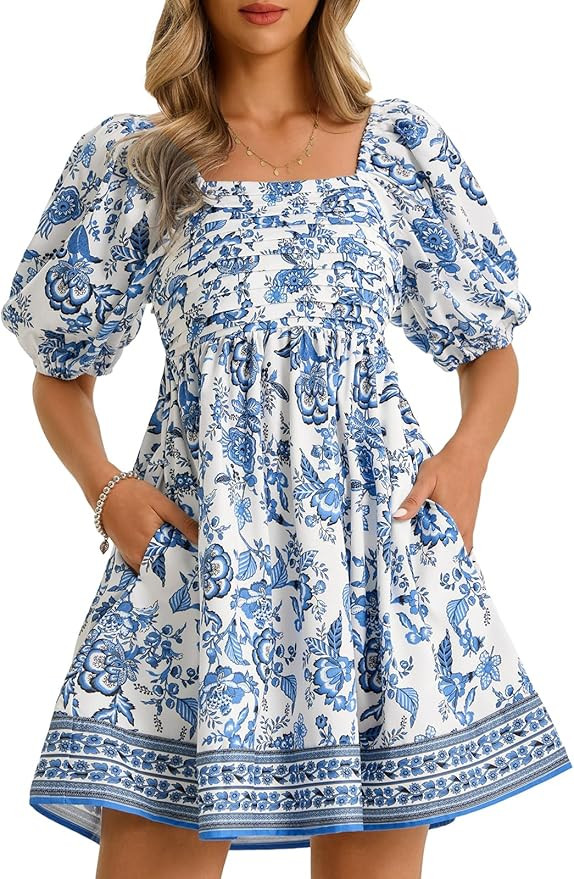 Wenrine Womens Summer Square Neck Mini Dresses Casual Floral Puff Short Sleeve Smocked High Waist... | Amazon (US)