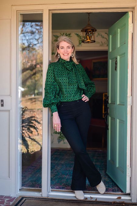 Love this too! A fantastic lightweight with a preppy green and black caned pattern. Exquisite detailing too—bow at the neck, shirted pleats at the wrist, covered buttons. A wonderful too for a casual, but festive outfit  

#LTKHoliday #LTKSeasonal