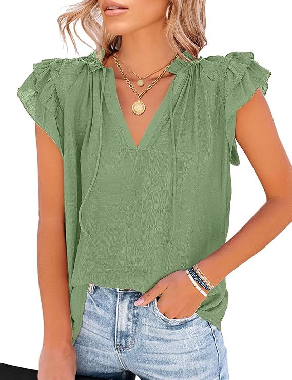 LookbookStore Women's Casual V Neck Tops Ruffle Flutter Shirt Cap Sleeve Blouse | Amazon (US)