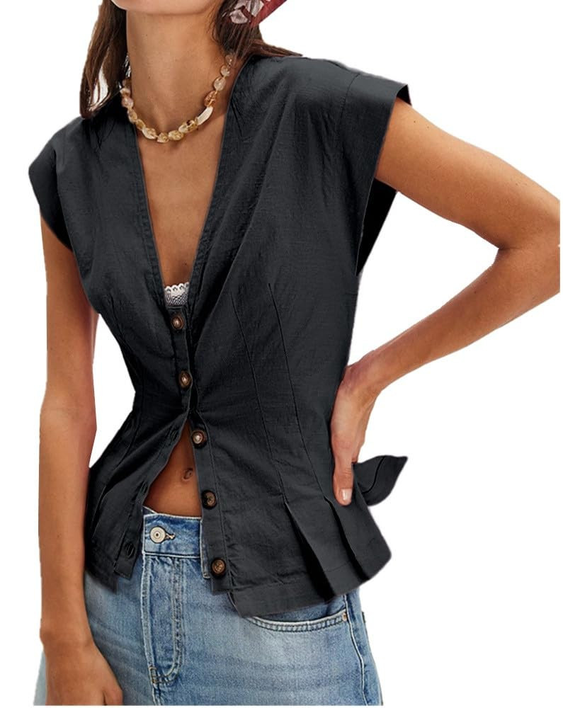 SurBepo Vest Tops for Women V-Neck Button Down Linen Blazer Cap Sleeve Fitted Waistcoat Work Casu... | Amazon (US)