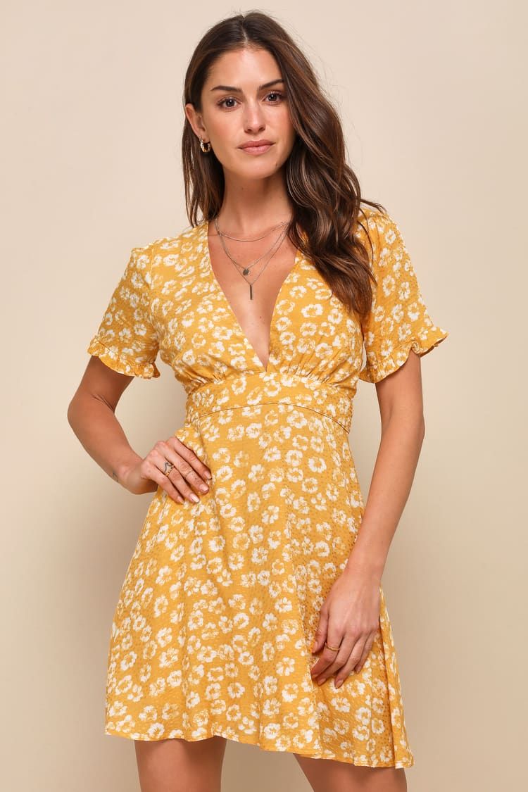 Garden Explorer Mustard Yellow Floral Print Mini Dress | Lulus