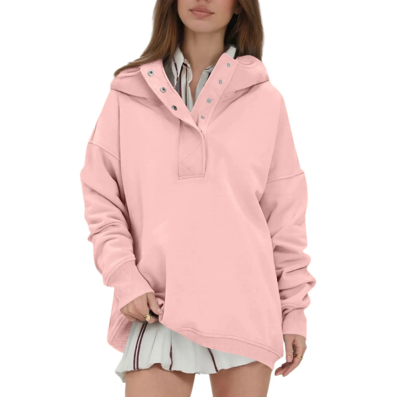 Women'S Casual Hooded Sweatshirt, Snap-Front V Neck Hoodie With Long Sleeve, Lightweight Streetwe... | Walmart (US)