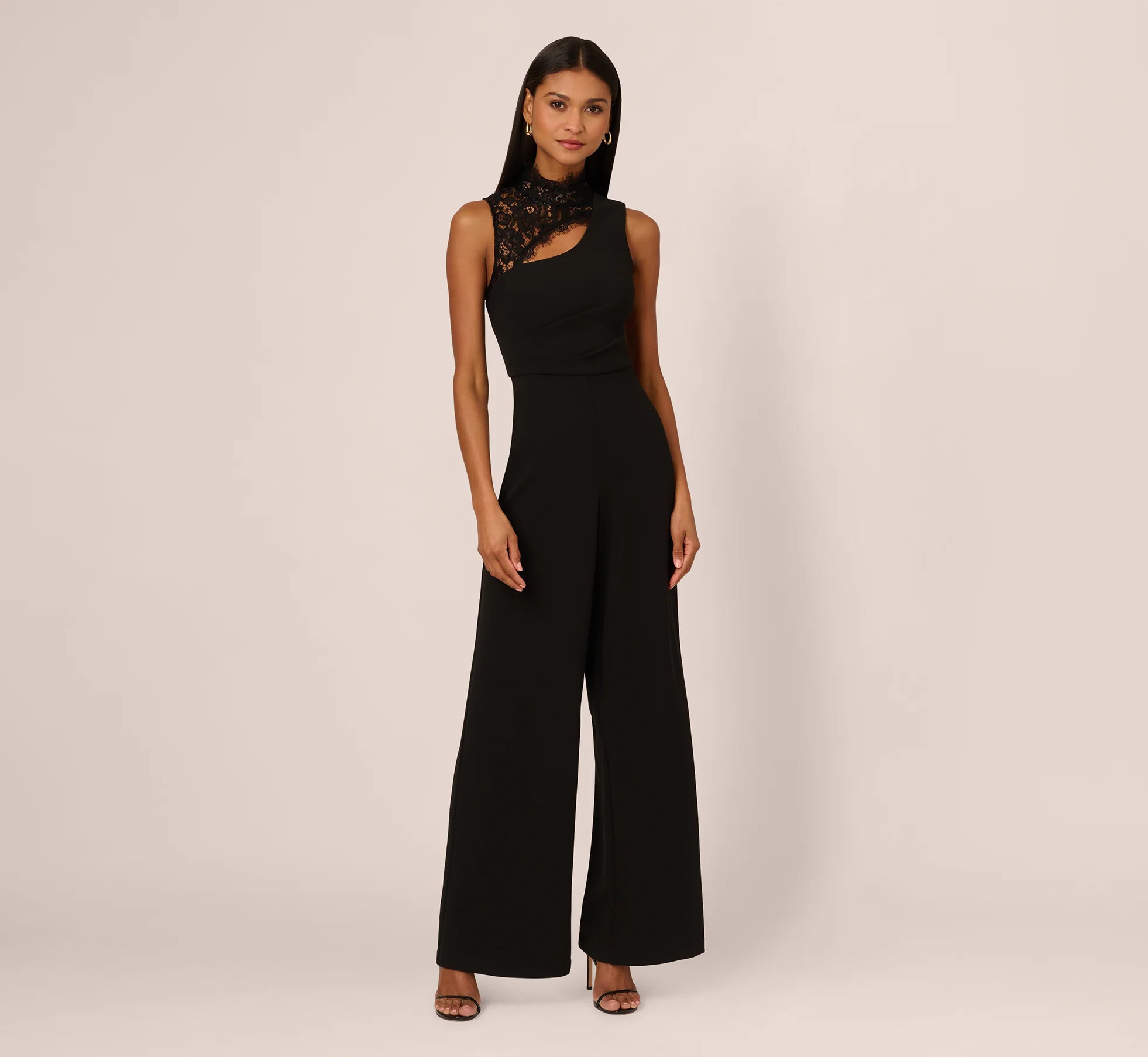 Sleeveless Wide Leg Jumpsuit With Lace Neckline In Black | Adrianna Papell
