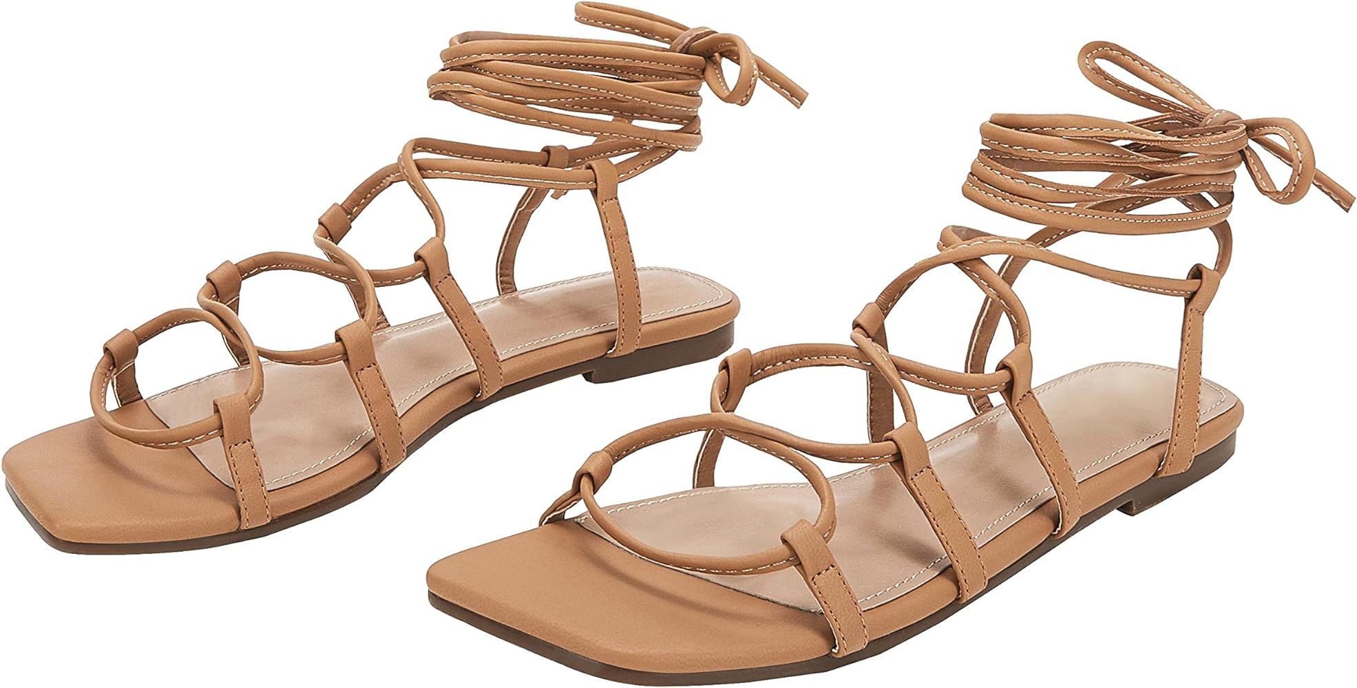 Amazon.com: Womens Lace up Square Toes Flat Sandals with Ankle Strap Summer Criss-Cross Gladiator... | Amazon (US)