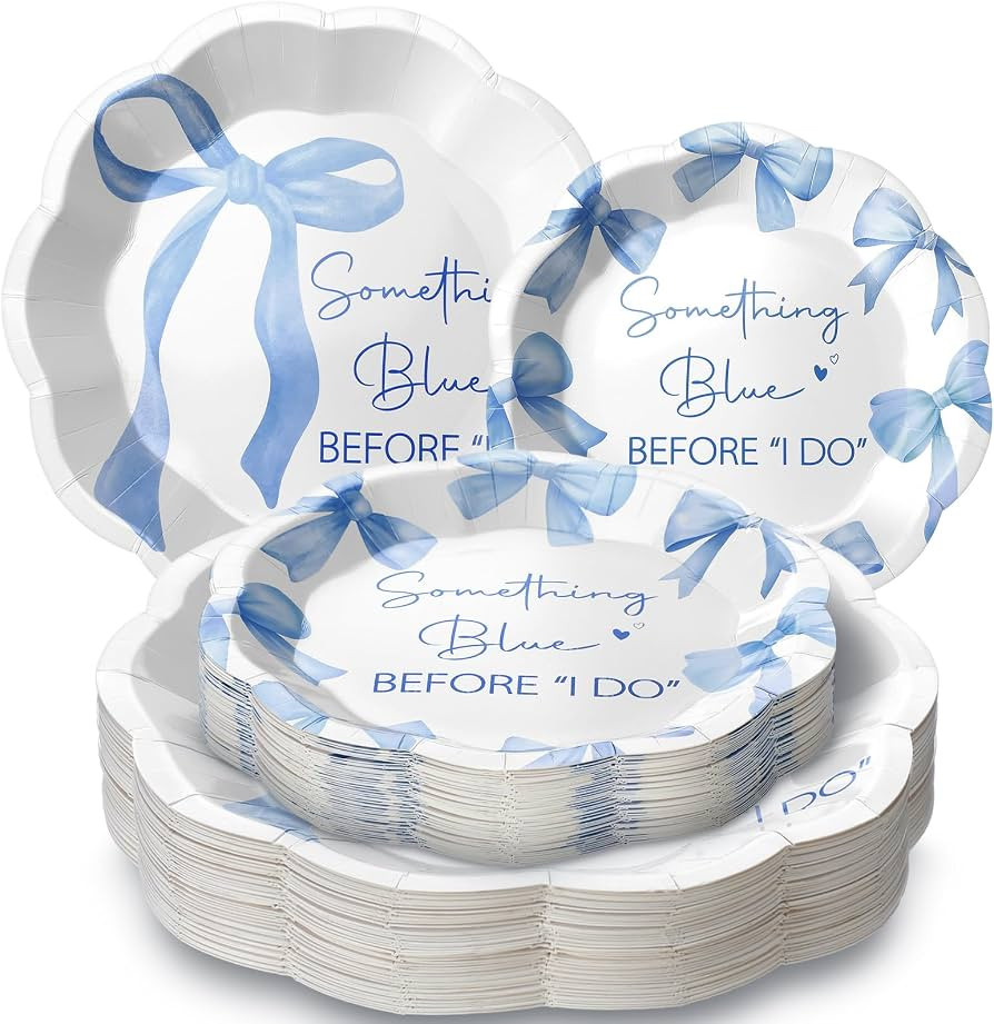 Roshtia 100 Pcs Something Blue Before I Do Paper Plates Blue Bowknot Wedding Bow Decorations 7 In... | Amazon (US)