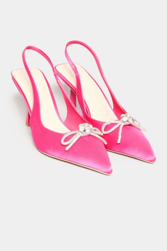 LTS Hot Pink Diamante Slingback Kitten Heel Court Shoes In Standard Fit | Long Tall Sally
