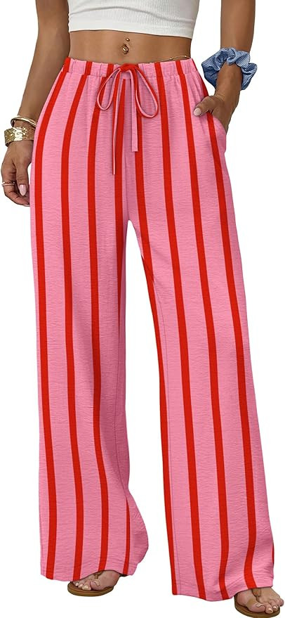 Sampeel Wide Leg Pants for Women Flowy Palazzo Drawstring Elastic Waist Trousers with Pockets Sum... | Amazon (US)