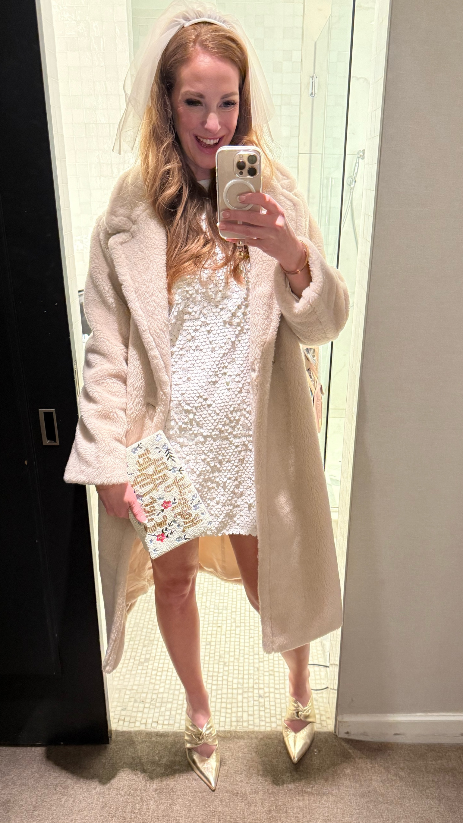 After wedding look! This white sequin dress from Target is perfect for a bride or bride to be! And my faux fur cream coat from ARITZIA was the coziest wedding accessory! 

#LTKShoeCrush #LTKParties #LTKWedding