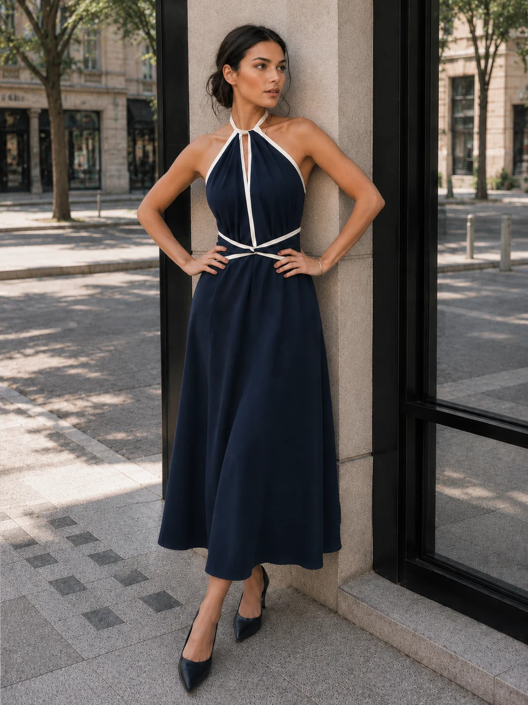 Contrast Halter Cotton Swing Dress | Commense
