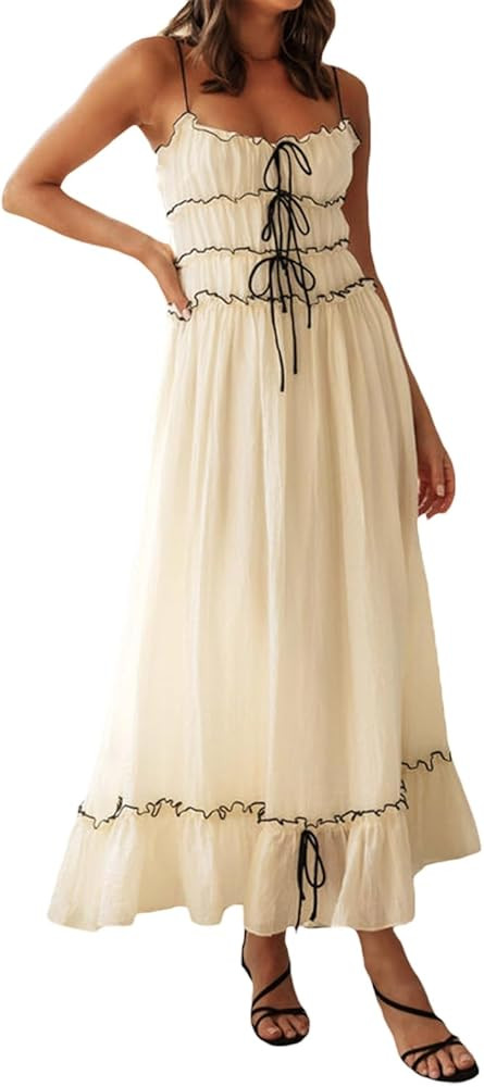 YHLZBNH Womens Summer Boho Cami Maxi Dress Bohemian Low Cut Halter Neck Ruffle Trim A Line Flowy ... | Amazon (US)