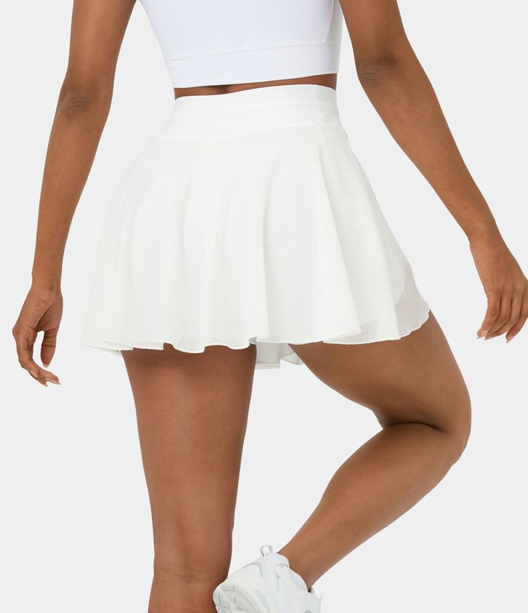 Women’s High Waisted Drawstring Contrast Mesh 2-in-1 Side Pocket Flowy Mini Flare Casual Skirt ... | HALARA