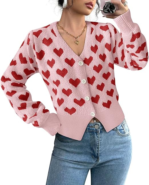 Cardigan Sweaters for Women V Neck Heart Embroidery Long Sleeve Button Down Tops Cozy Knit Crop C... | Amazon (US)