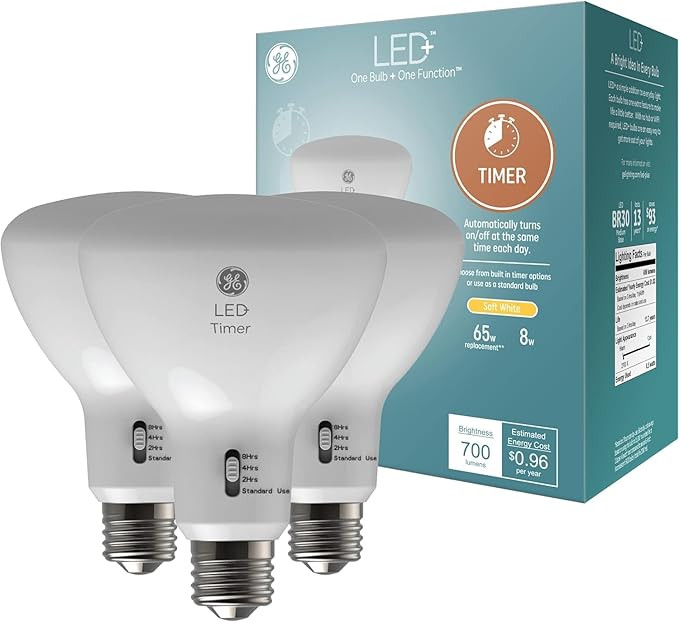GE LED+ Timer A19 LED Light Bulbs, Built-in Automatic Indoor Timer Light, 8W, Soft White (4 Pack) | Amazon (US)