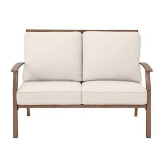 Geneva Brown Wicker Outdoor Patio Loveseat with CushionGuard Almond Tan Cushions | The Home Depot