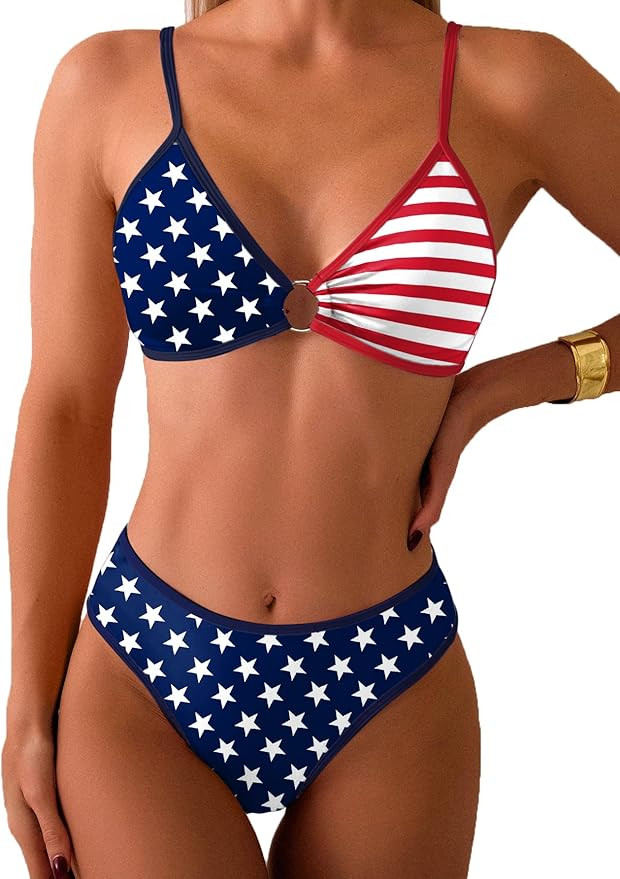 Women's Triangle Bikini Sets Circle Ring Linked Two Piece Swimsuit Color Block Cheeky Bathing Sui... | Amazon (US)