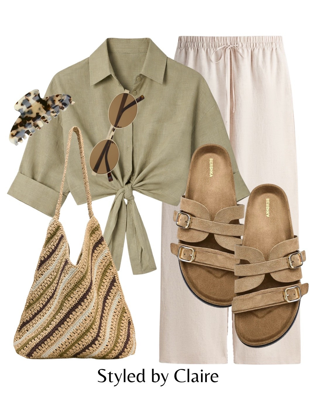 OLIVE & BEIGE🧚🏼
Tags: oversized linen shirt tie waist trousers drawstring H&M raffia bag stripe Beria cage sandals suede effect strap detail hair claw fashion city break casual elevated basics inspo outfit ideas chic women’s style affordable summer spring beige ootd trends

#LTKsummer #LTKstyletip #LTKspring