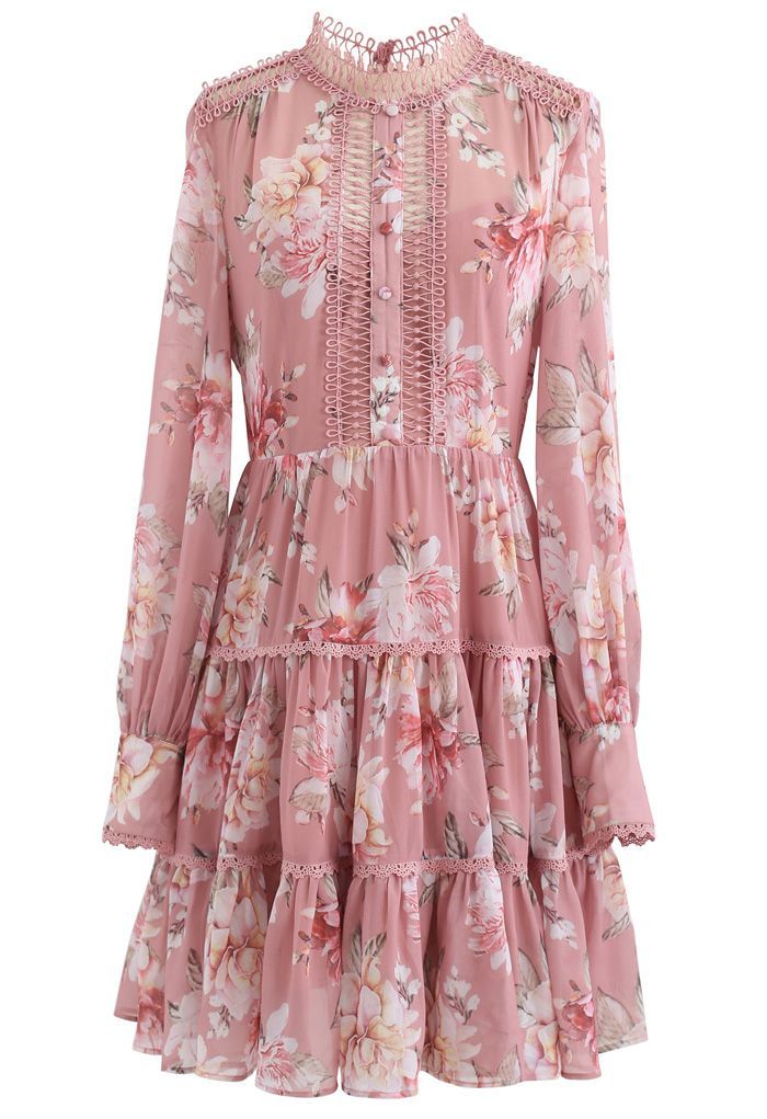 Floral Print Crochet Trim Frilling Chiffon Dress in Pink | Chicwish