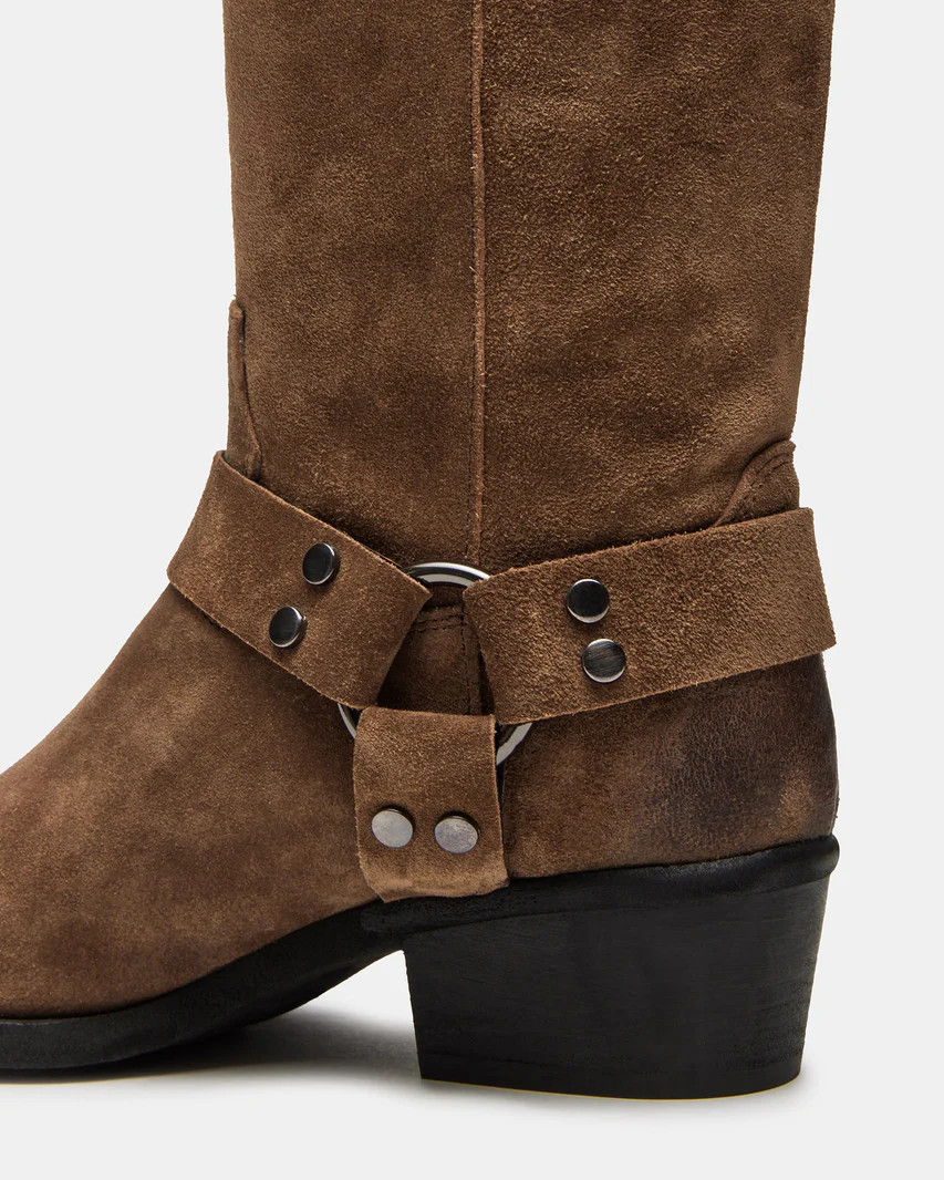 RUSKIN Chestnut Suede Square Toe Moto Boot | Women's Boots | Steve Madden (US)