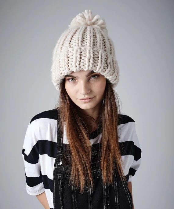 Oversized Chunky Knit Pompom Beanie | Sumptuous Chunky Yarn Oversized Winter Hat | Etsy (US)