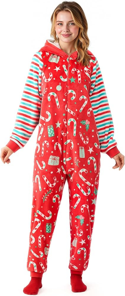 Giggling Getup Womens Christmas Pajamas, Fleece Pajamas for Santa Claus Print Holiday Jumpsuit | Amazon (US)