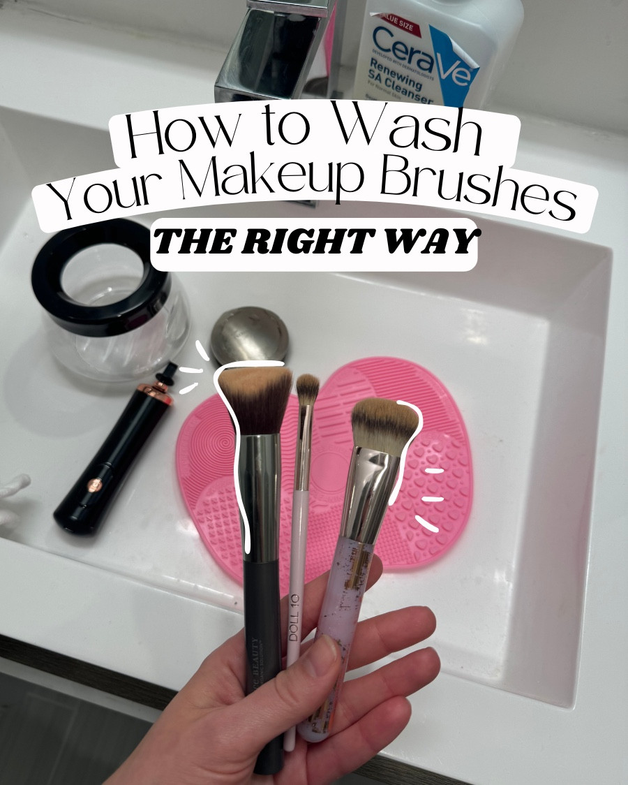 Step 1: Scrub Mat
-I got this scrubby mat from Amazon and it has multiple textures to really allow you to clean your brushed. I use a stripping facial cleanser because it cleans the brushes well and I know it’s allowed to be on my face.

Step 2: Drying
-I got this brush spinner from Amazon too. I used to only use the mat, but I noticed my brushes staring to smell after washing. It’s because they were dense and harboring bacteria, so drying your brushes is SO IMPORTANT.
-This brush spinner can be used alone to wash your brushes, but I don’t think it cleans as effectively as the combination. I like using the container it comes with to dry the brushes so water doesn’t get everywhere.

Step 3: Sanitize
-Now that the brushed are clean, I let them fully dry and before using my brushes, I will spray them with hypochlorous acid spray to sanitize them and know that they aren’t introducing bacteria to my face.
