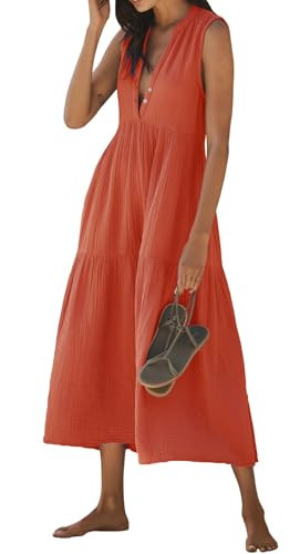 R.Vivimos 2026 Summer Cotton Maxi Dresses for Women Casual Sleeveless Button V Neck Tiered Loose ... | Amazon (US)