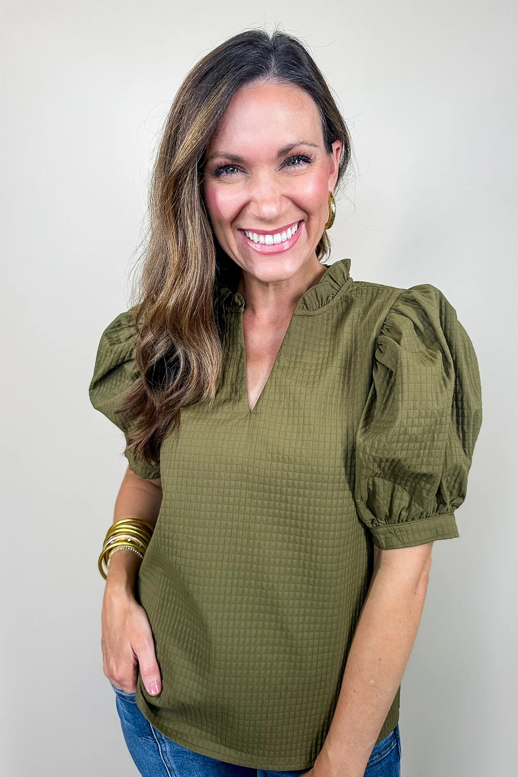 Olive Textured Ruffle V Neck Blouse | Jules & James Boutique