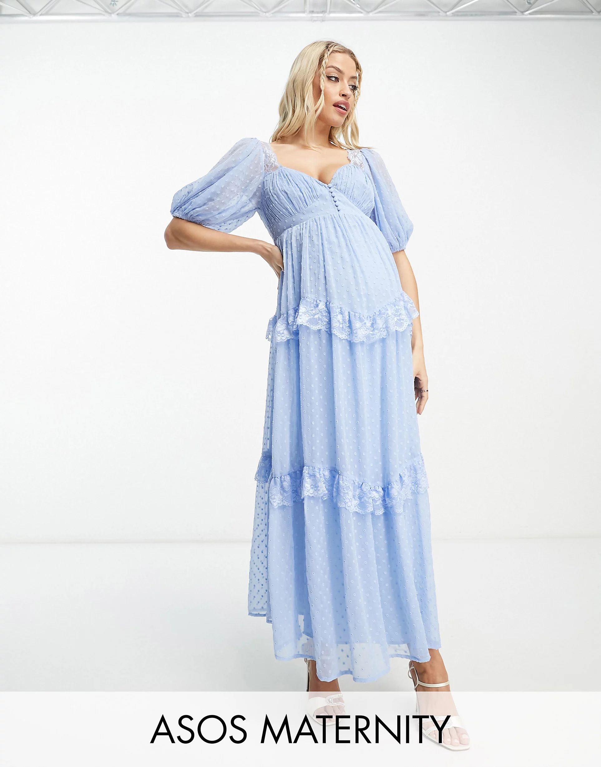 ASOS DESIGN Maternity open back lace insert dobby maxi tea dress in light blue | ASOS (Global)