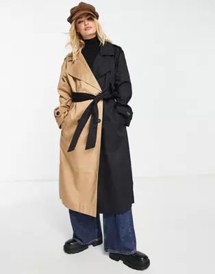 ASOS DESIGN half and half trench coat in black and stone | ASOS (Global)