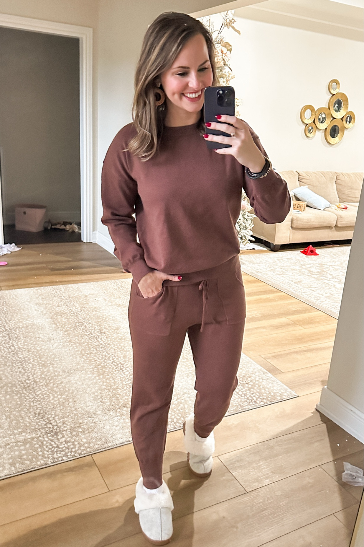 Comfy casual lounge set and house slippers! Joggers are sweater material too! So soft and comfy, would be cute for errands with a puffer vest! 

Target style, Amazon finds, pjsc lounge clothes, pajamas, travel set, 

#LTKHoliday #LTKTravel #LTKGiftGuide