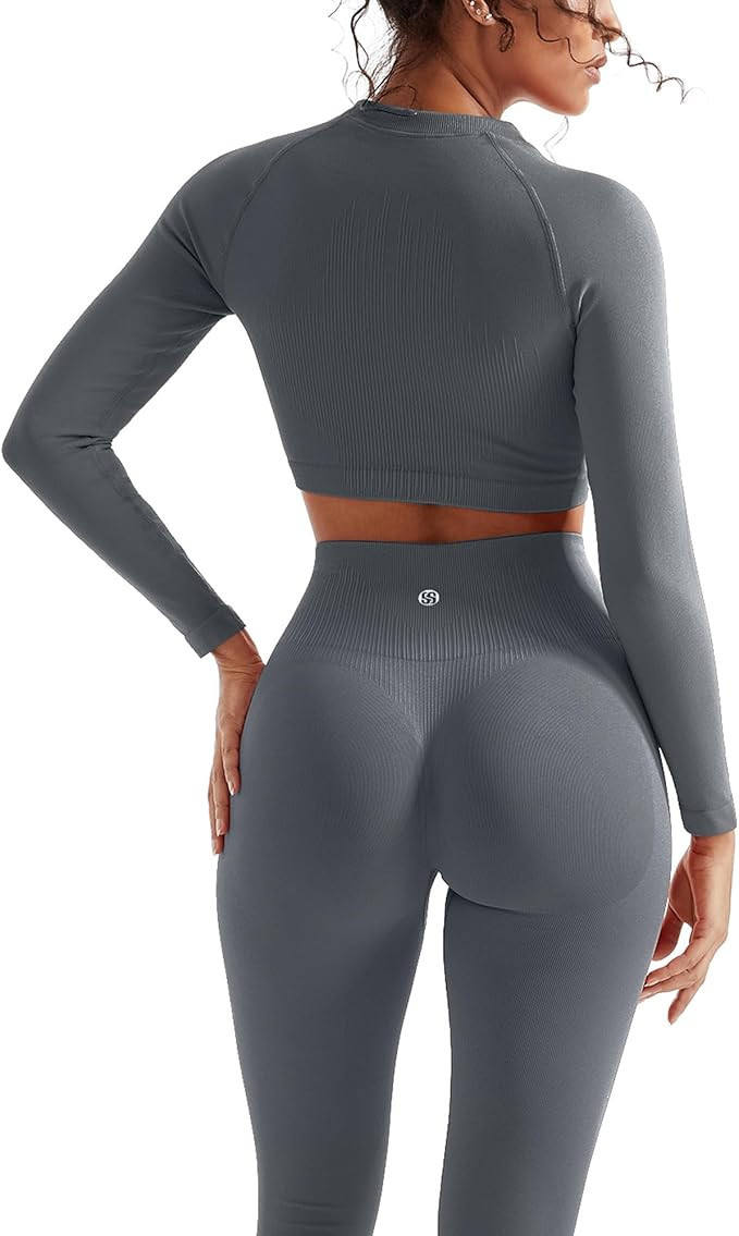 SUUKSESS Women 2 Piece Workout Sets Hidden Scrunch Hip Lifting Seamless Leggings Long Sleeve Yoga... | Amazon (US)