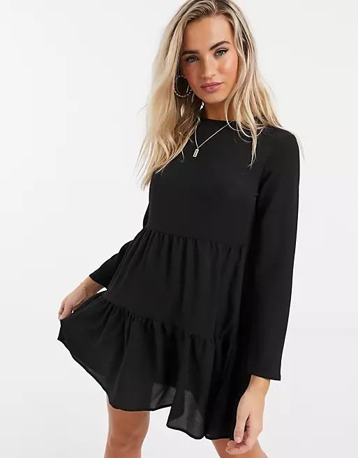 ASOS DESIGN long sleeve tiered smock mini dress in black | ASOS | ASOS (Global)