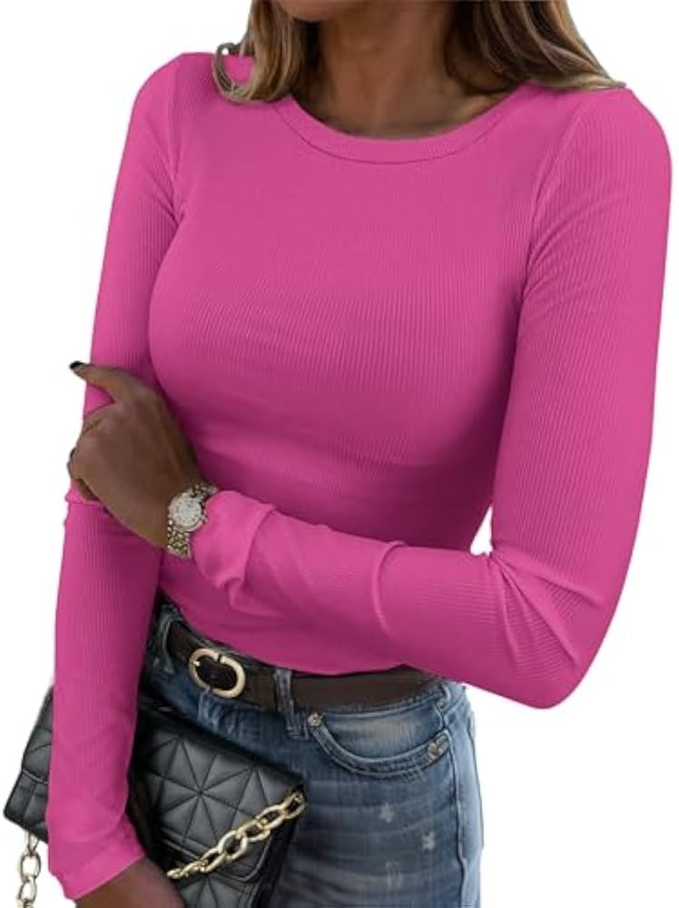 Zeagoo Womens Long Sleeve Stretch Crewneck Ribbed T-Shirt Fitted Casual Basic Tops | Amazon (CA)